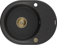 Mexen Kevin granito plautuvė su viena kamera ir nuvarvėjimo plokšte 586 x 458 mm, juoda/sidabrinė metalika, auksinis sifonas