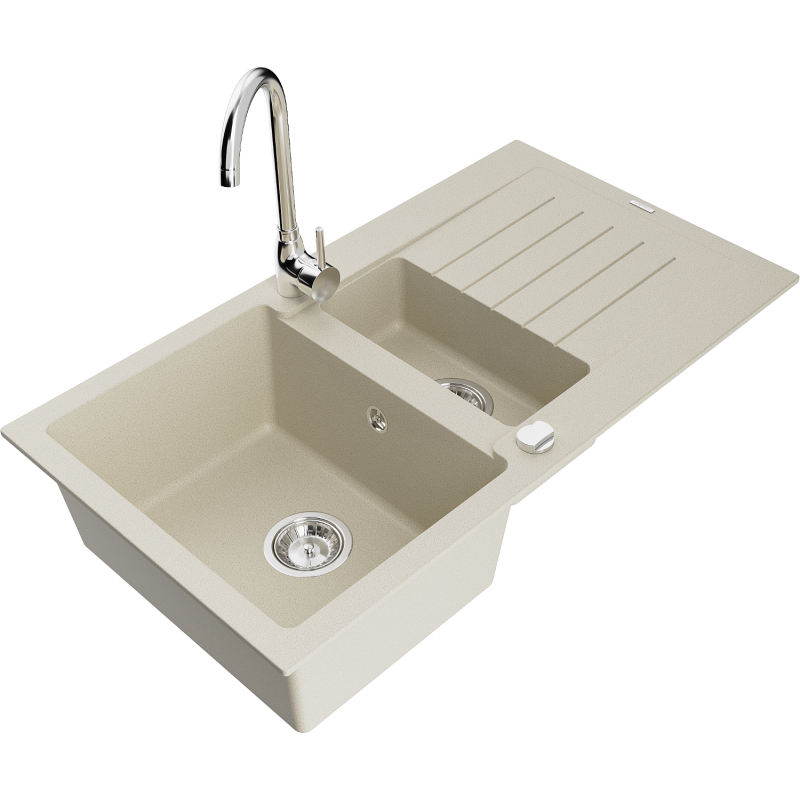 Mexen Matias granitinė virtuvės plautuvė 1,5 sekcijų su nusausintuvu ir virtuviniu čiaupu Telma, smėlio spalvos