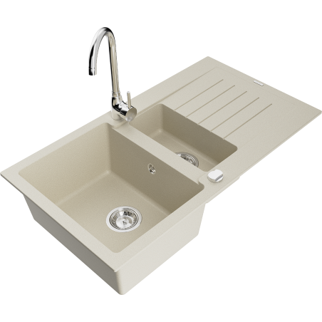 Mexen Matias granitinė virtuvės plautuvė 1,5 sekcijų su nusausintuvu ir virtuviniu čiaupu Telma, smėlio spalvos