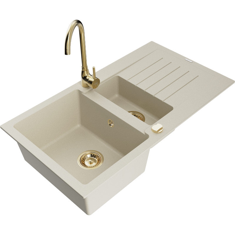 Mexen Matias 1,5 skylių granitinė plautuvė su laikikliu ir virtuviniu maišytuvu Telma, smėlio spalvos - 6502-69-670200-50