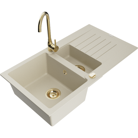 Mexen Matias 1,5 skylių granitinė plautuvė su laikikliu ir virtuviniu maišytuvu Telma, smėlio spalvos - 6502-69-670200-50