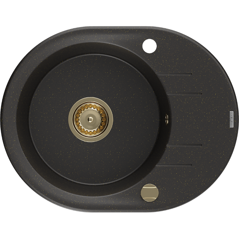 Mexen Kevin vienos komoros granitinė plautuvė su laikikliu 586 x 458 mm, juoda/auksinė metalo spalva, aukso sifonas