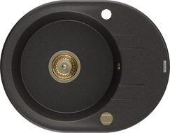 Mexen Kevin vienos komoros granitinė plautuvė su laikikliu 586 x 458 mm, juoda/auksinė metalo spalva, aukso sifonas