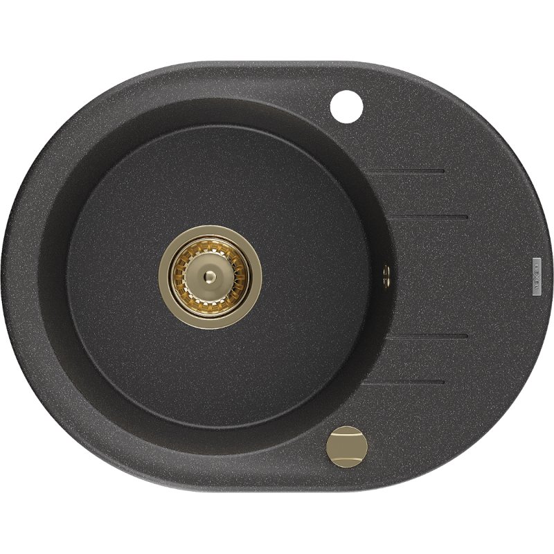 Mexen Kevin granitinė vienos kameros kriauklė su nusausintuvu 586 x 458 mm, juoda dėmėta, auksinis sifonas - 6517581005-76-G