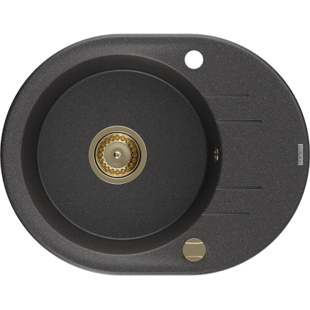 Mexen Kevin granitinė vienos kameros kriauklė su nusausintuvu 586 x 458 mm, juoda dėmėta, auksinis sifonas - 6517581005-76-G