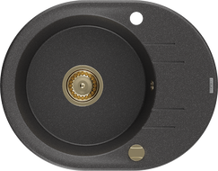 Mexen Kevin granitinė vienos kameros kriauklė su nusausintuvu 586 x 458 mm, juoda dėmėta, auksinis sifonas - 6517581005-76-G