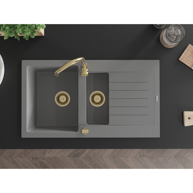 Mexen Matias granitinė 1,5 kamerų plautuvė su nuvarvėjimu ir virtuvės maišytuvu Telma, pilka - 6502-71-670200-50