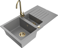 Mexen Matias granitinė 1,5 kamerų plautuvė su nuvarvėjimu ir virtuvės maišytuvu Telma, pilka - 6502-71-670200-50