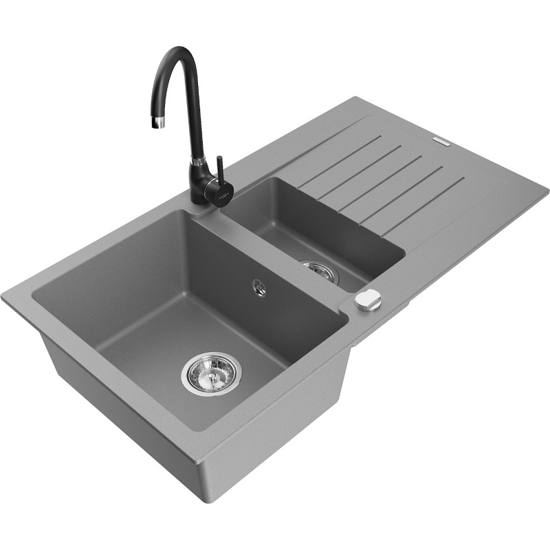 Mexen Matias granito plautuvė su 1,5 kameros ir nuvarvėjimo zona bei virtuviniu maišytuvu Telma, pilkas - 6502-71-670200-70