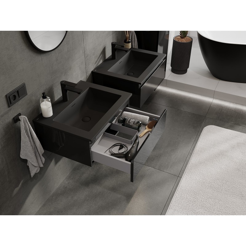 Mexen Orio vonios spintelė 60 cm su praustuvu Otis, 1 stalčius, juodas blizgus/juodas matinis - 91A10-06023-1-BF70-W18M71