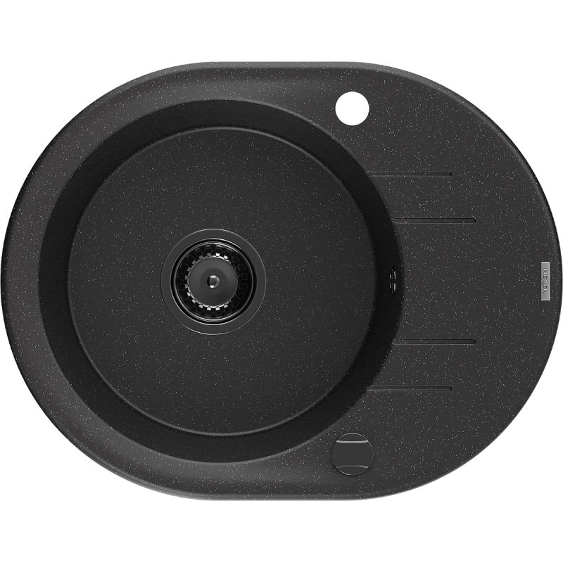 Mexen Kevin granitinė vienos plautuvės kriauklė su nusausinimo lenta 586 x 458 mm, juoda/sidabrinė metalo spalva, juodas