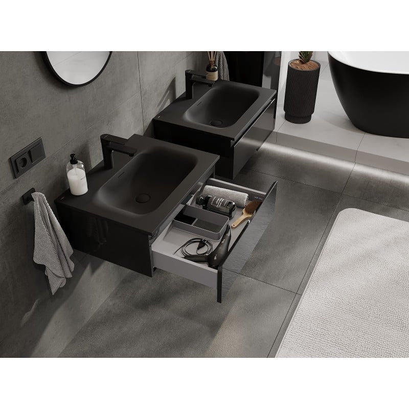 Mexen Orio vonios spintelė 60 cm su kriaukle Vela, 1 stalčius, juodas blizgus/juodas matinis - 91A10-06023-1-BF70-W23M71