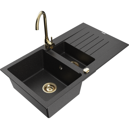 Mexen Matias granitinė 1,5 kamerų plautuvė su nusausintuvu ir Telma virtuvės maišytuvu, juoda/sidabrinė