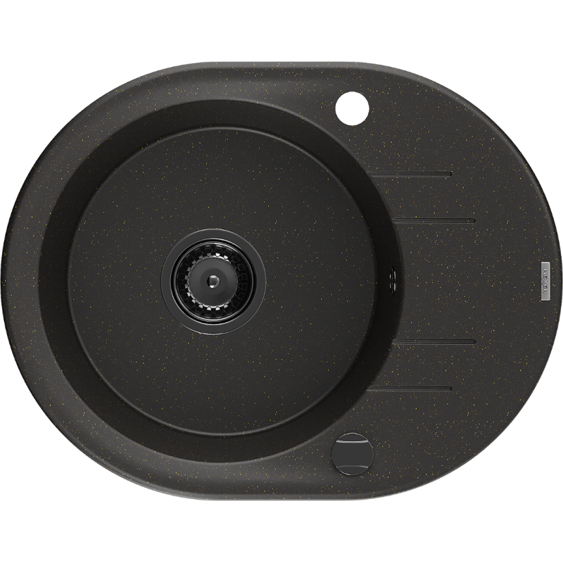 Mexen Kevin 1-dubeninė granito kriauklė su drenažu 586 x 458 mm, juoda/auksinė metalo spalva, juodas sifonas