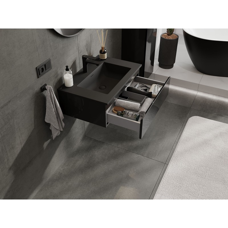 Mexen Orio vonios spintelė 70 cm su Otis praustuvu, 1 stalčius, juodas blizgesys/juodas matas - 91A10-07023-1-BF70-W18M71