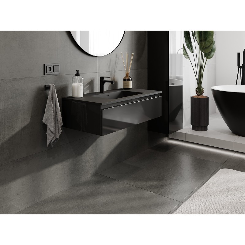 Mexen Orio vonios spintelė 90 cm su praustuvu Otis, 1 stalčius, juoda blizgi/juoda matinė - 91A10-09023-1-BF70-W18M71