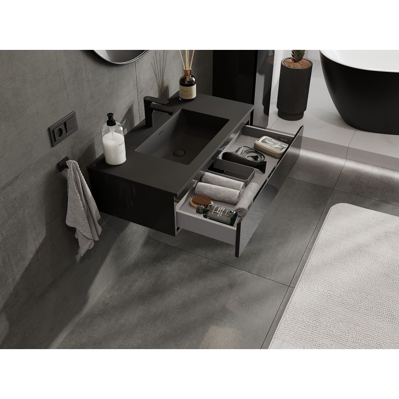 Mexen Orio vonios spintelė 90 cm su praustuvu Otis, 1 stalčius, juoda blizgi/juoda matinė - 91A10-09023-1-BF70-W18M71