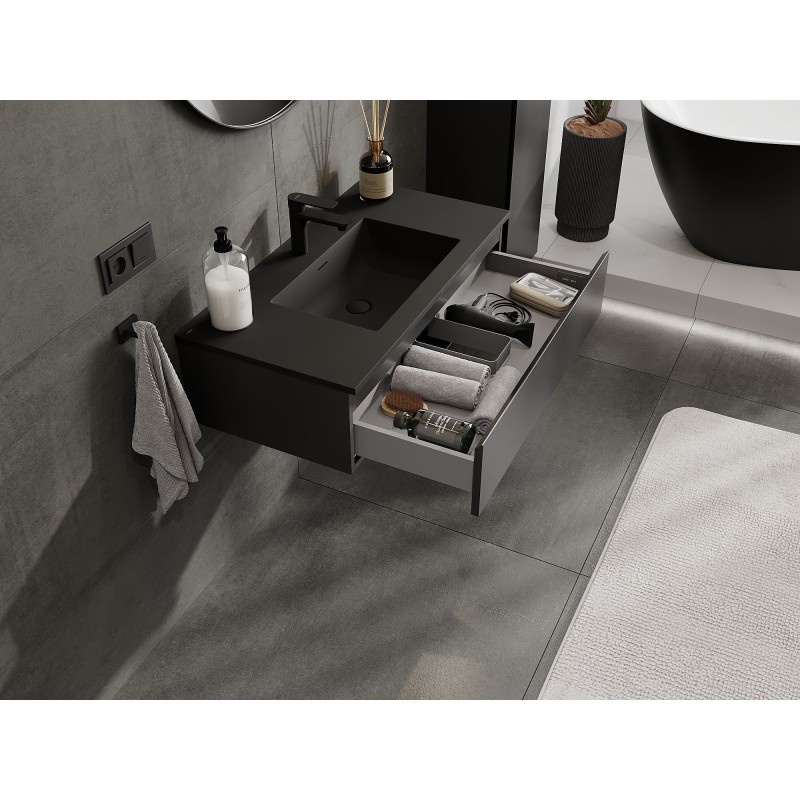 Mexen Orio vonios spintelė 90 cm su Otis praustuvu, 1 stalčius, juoda matinė - 91A10-09023-1-BF71-W18M71