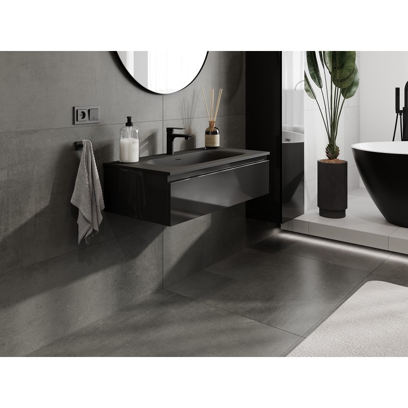 Mexen Orio vonios spintelė 90 cm su praustuvu Vela, 1 stalčius, blizgi juoda/matinė juoda - 91A10-09023-1-BF70-W23M71