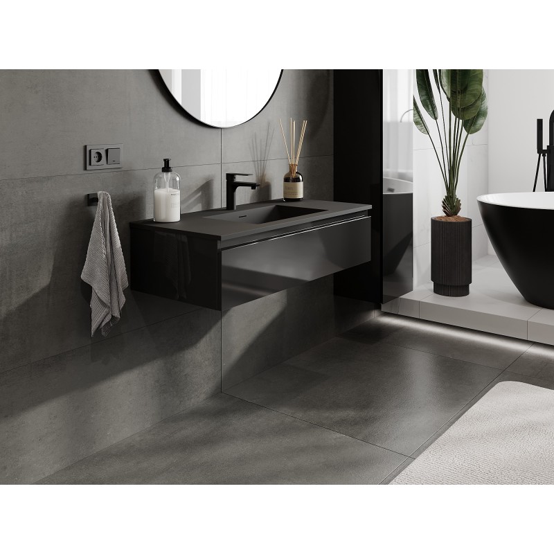 Mexen Orio vonios spintelė 100 cm su praustuvu Otis, 1 stalčius, juodas blizgus/juodas matinis - 91A10-10023-1-BF70-W18M71