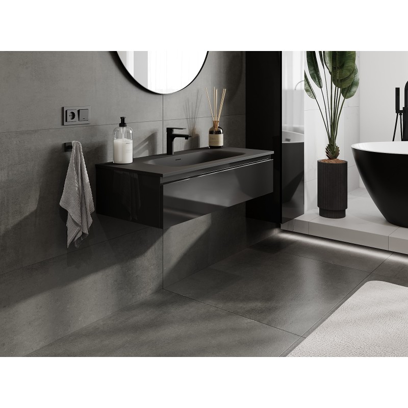 Mexen Orio vonios spintelė 100 cm su praustuvu Vela, 1 stalčius, juoda blizgi/juoda matinė - 91A10-10023-1-BF70-W23M71