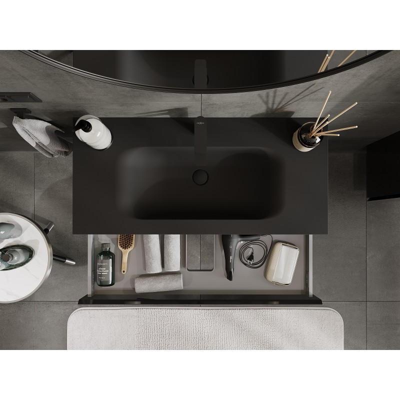 Mexen Orio vonios spintelė 100 cm su praustuvu Vela, 1 stalčius, juoda blizgi/juoda matinė - 91A10-10023-1-BF70-W23M71