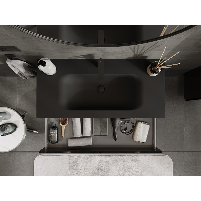 Mexen Orio vonios spintelė 100 cm su kriaukle Vela, 2 stalčiai, juoda blizgi/juoda matinė - 91A10-10047-2-BFF70-W23M71