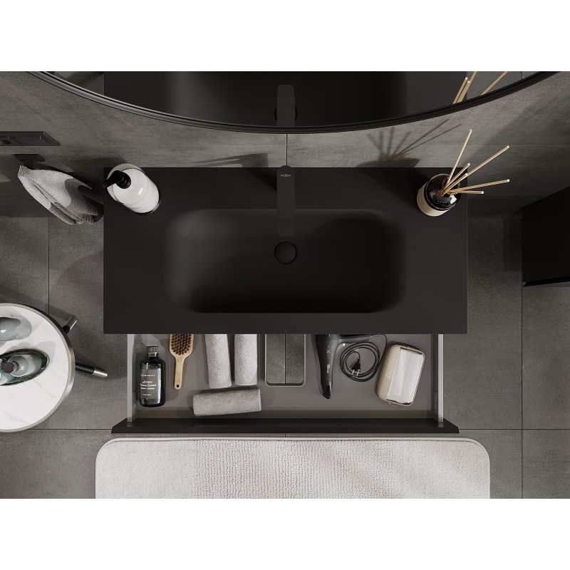 Mexen Orio vonios spintelė 100 cm su praustuvu Vela, 2 stalčiai, juoda matinė - 91A10-10047-2-BFF71-W23M71