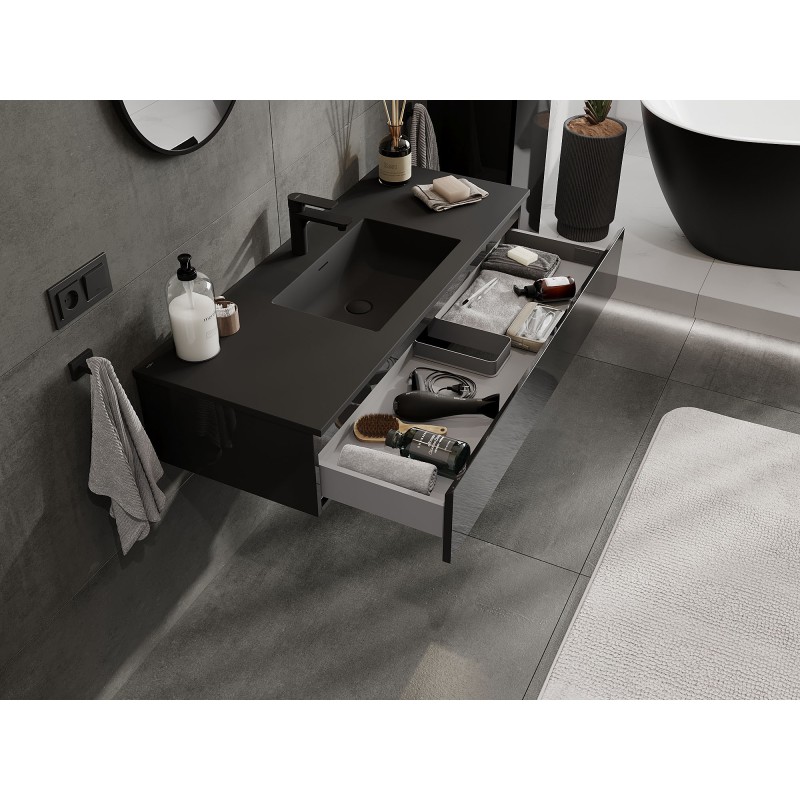 Mexen Orio vonios spintelė 120 cm su praustuvu Otis, 1 stalčius, juodas blizgus/juodas matinis - 91A10-12023-1-BF70-W18M71