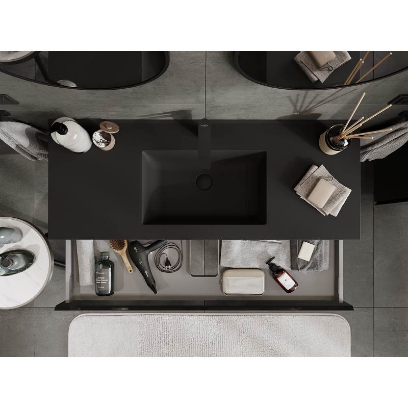 Mexen Orio vonios spintelė 120 cm su praustuvu Otis, 1 stalčius, juodas blizgus/juodas matinis - 91A10-12023-1-BF70-W18M71