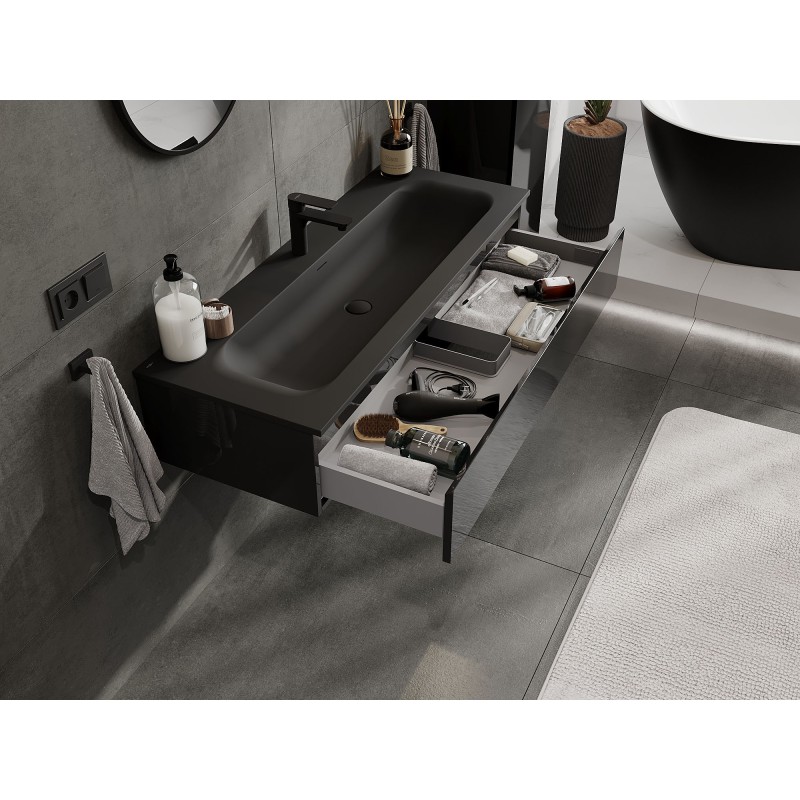 Mexen Orio vonios kambario spintelė 120 cm su Vela praustuvu, 1 stalčius, juoda blizgi/juoda matinė - 91A10-12023-1-BF70-W23M71