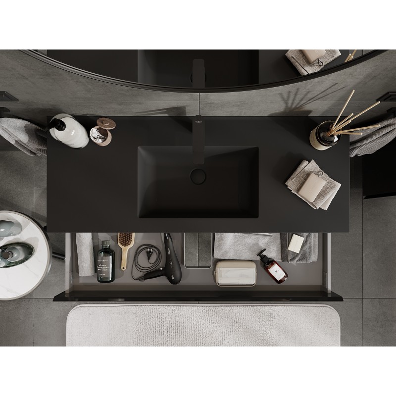 Mexen Orio vonios spintelė 120 cm su Otis praustuvu, 2 stalčiai, juodas blizgus/juodas matinis - 91A10-12047-2-BFF70-W18M71