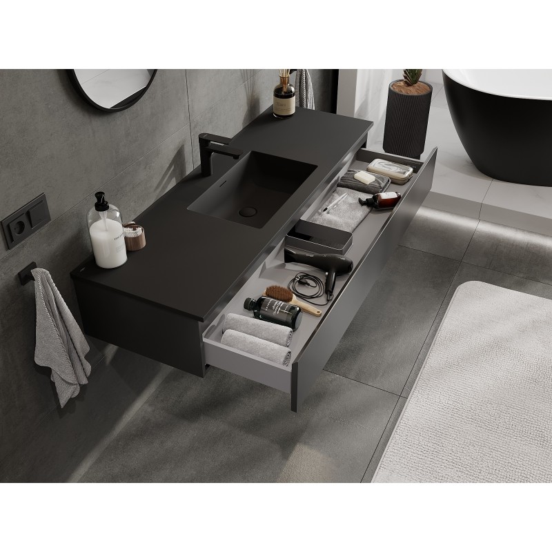 Mexen Orio vonios spintelė 140 cm su Otis praustuvu, 1 stalčius, juoda matinė - 91A10-14023-1-BF71-W18M71