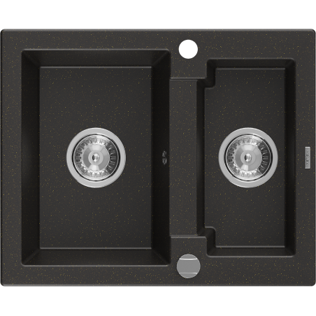 Mexen Carlos granito plautuvas su 1,5 dubenimis 582 x 475 mm, juoda/auksinis metalikas, chromuotas sifonas - 6518581500-75