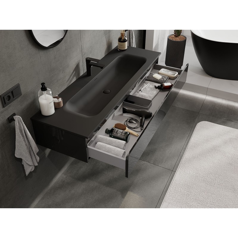 Mexen Orio vonios spintelė 140 cm su Vela praustuvu, 1 stalčius, juodas blizgus/juodas matinis - 91A10-14023-1-BF70-W23M71