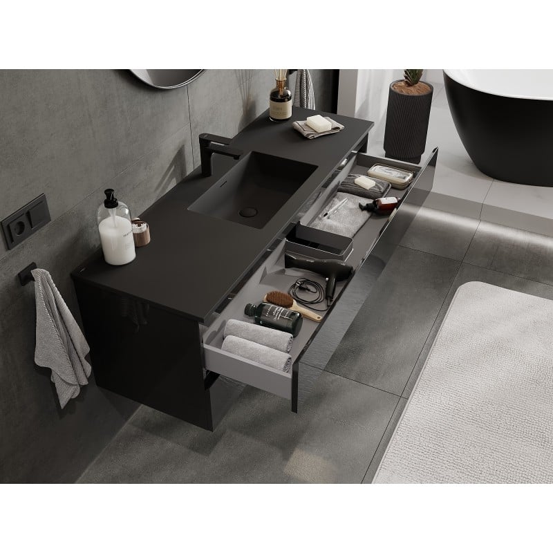 Mexen Orio vonios spintelė 140 cm su praustuvu Otis, 2 stalčiai, juodas blizgus/juodas matinis - 91A10-14047-2-BFF70-W18M71