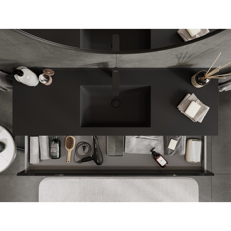 Mexen Orio vonios spintelė 140 cm su praustuvu Otis, 2 stalčiai, juodas blizgus/juodas matinis - 91A10-14047-2-BFF70-W18M71
