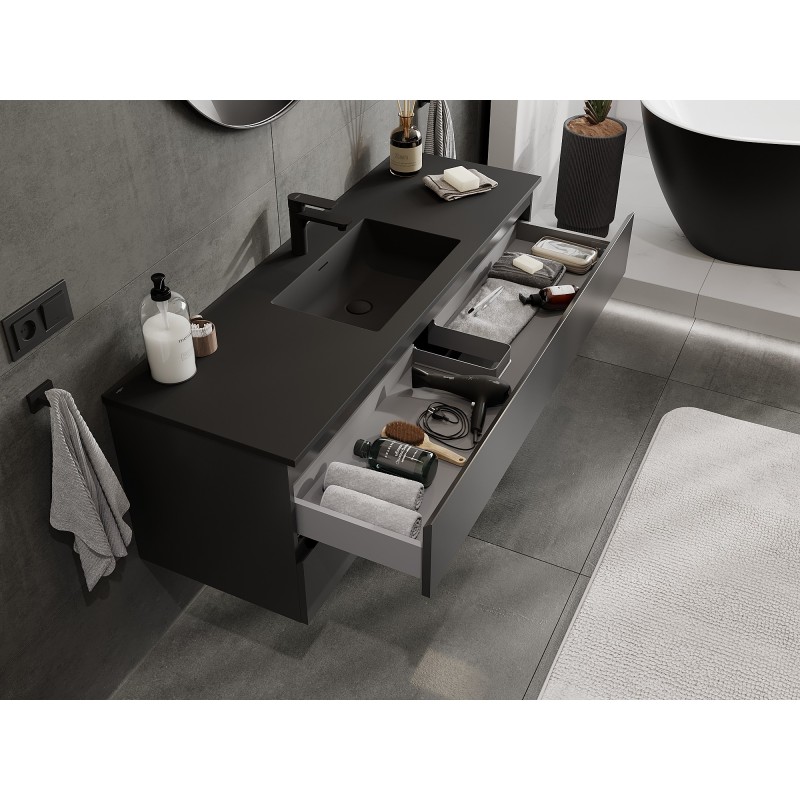 Mexen Orio vonios kambario spintelė 140 cm su kriaukle Otis, 2 stalčiai, juoda matinė - 91A10-14047-2-BFF71-W18M71