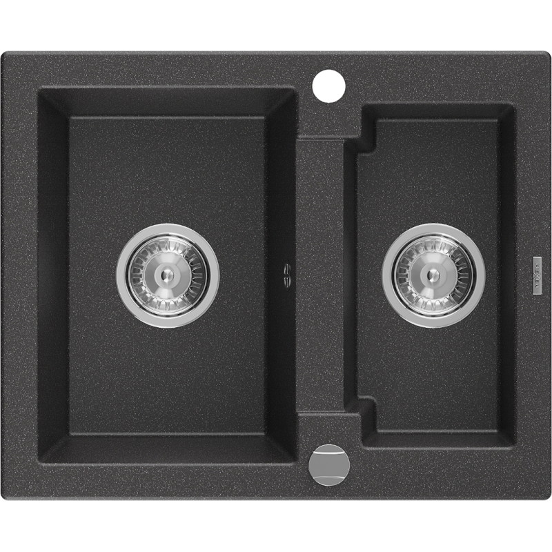 Mexen Carlos granitinė virtuvės plautuvė 1,5-komorų 582 x 475 mm, juoda taškuota, chrominis sifonas - 6518581500-76
