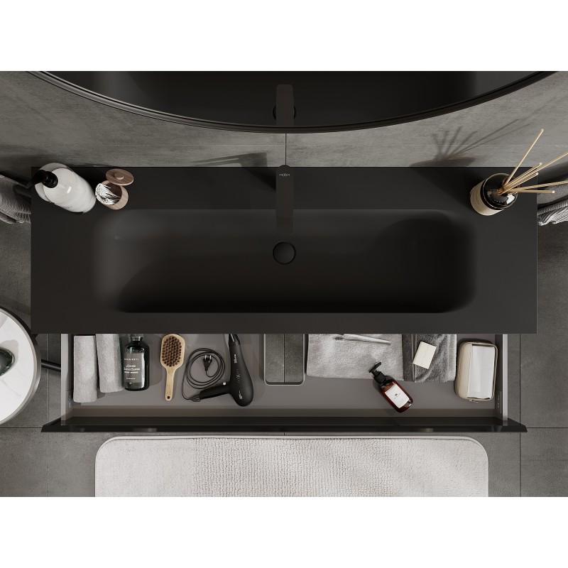 Mexen Orio 140 cm vonios spintelė su Vela praustuvu, 2 stalčiai, blizgi juoda/matinė juoda - 91A10-14047-2-BFF70-W23M71