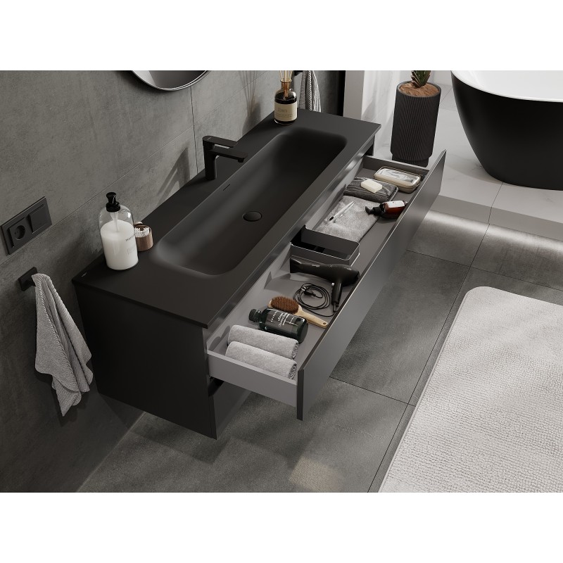 Mexen Orio vonios spintelė 140 cm su praustuvu Vela, 2 stalčiai, juoda matinė - 91A10-14047-2-BFF71-W23M71