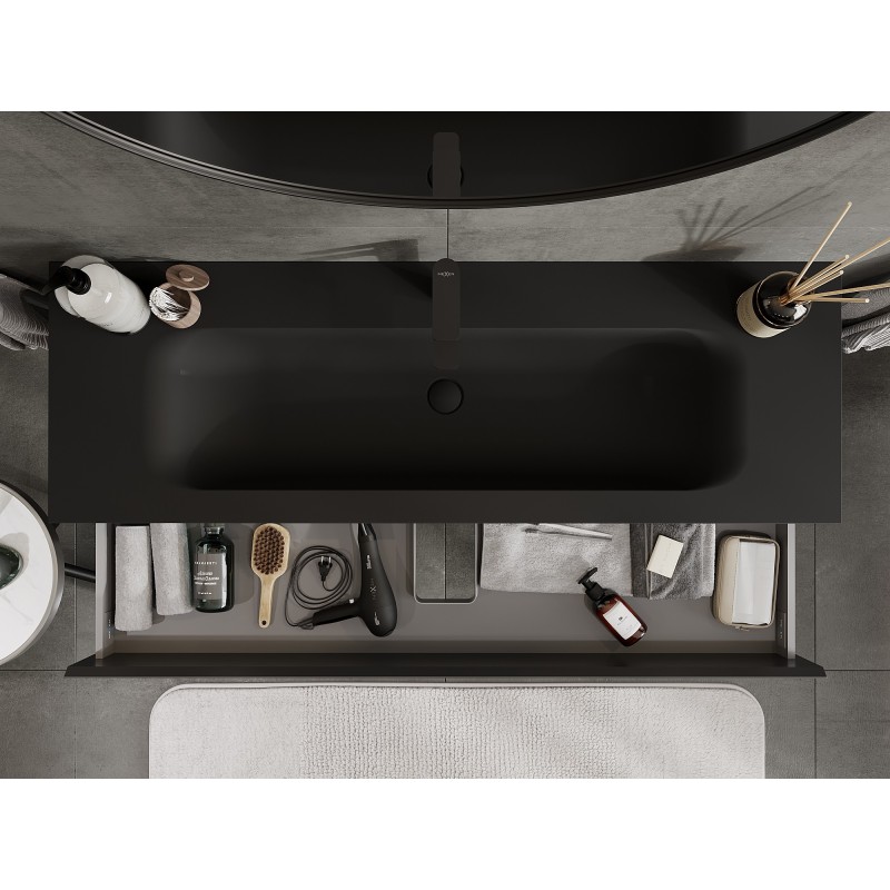 Mexen Orio vonios spintelė 140 cm su praustuvu Vela, 2 stalčiai, juoda matinė - 91A10-14047-2-BFF71-W23M71