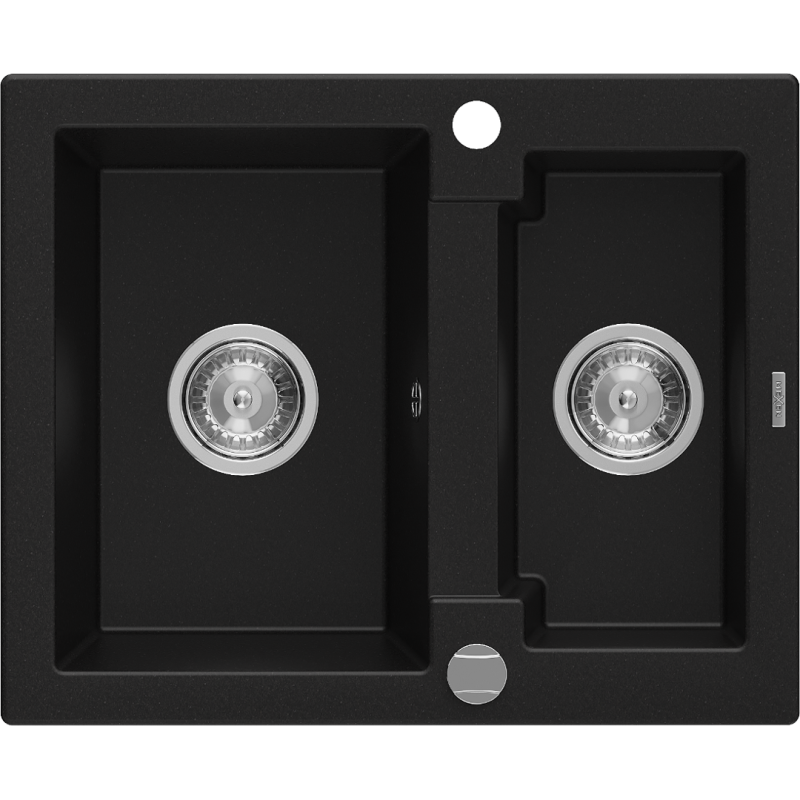 Mexen Carlos granito plautuvė 1,5 talpos 582 x 475 mm, juoda, chrom sifonas - 6518581500-77