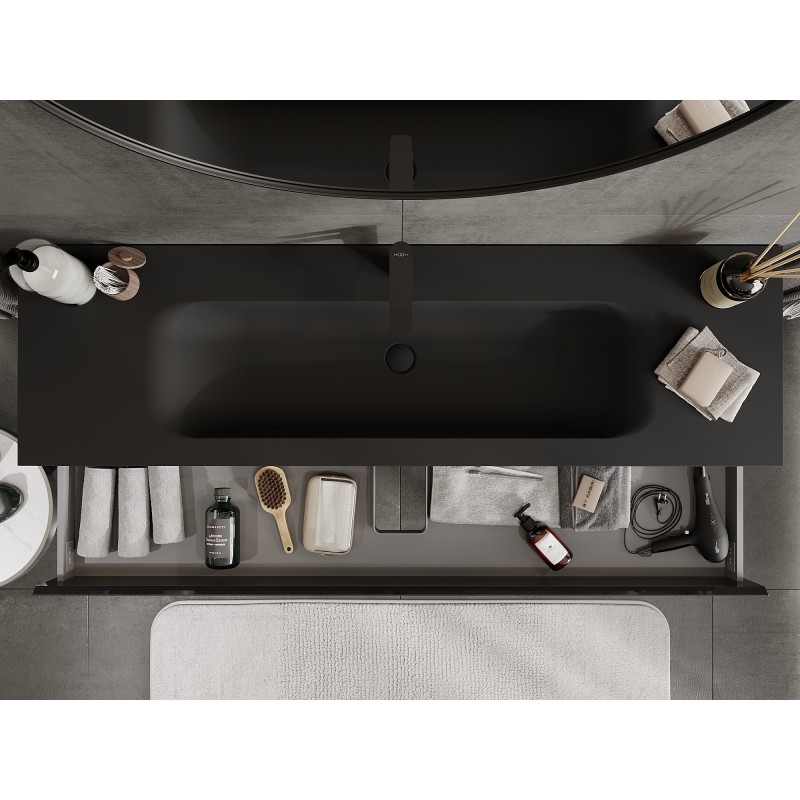 Mexen Orio vonios spintelė 160 cm su praustuvu Vela, 2 stalčiai, juoda blizgi/juoda matinė - 91A10-16047-2-BFF70-W23M71