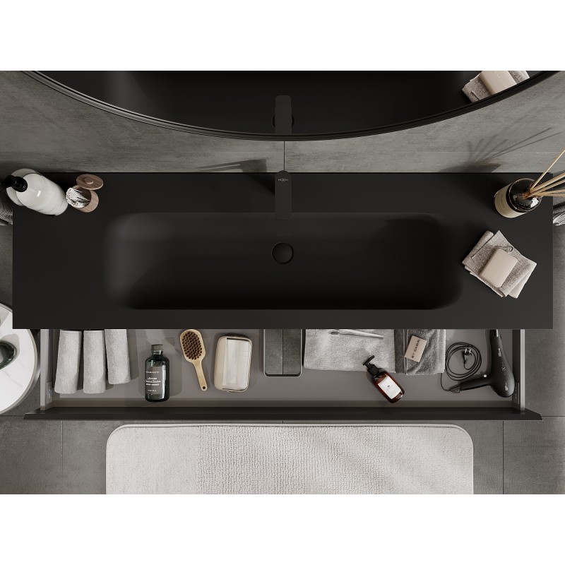Mexen Orio vonios spintelė 160 cm su Vela praustuvu, 2 stalčiai, juoda matinė - 91A10-16047-2-BFF71-W23M71