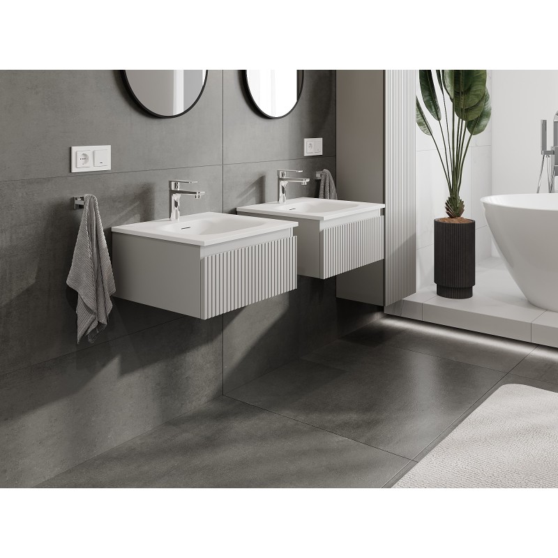 Mexen Rivel vonios spintelė 50 cm su Vela kriaukle, 1 stalčius, rifliuotas, pilka matinė/balta matinė