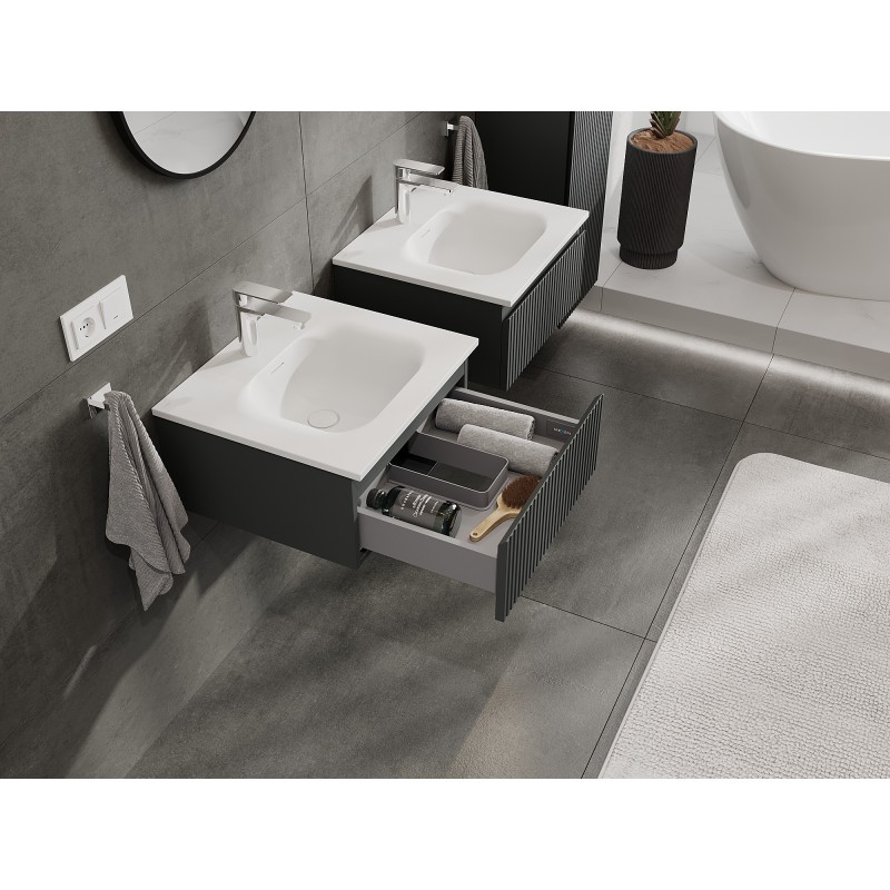 Mexen Rivel vonios spintelė 50 cm su praustuvu Vela, 1 stalčius, grioveliai, matinė grafito/balta matinė