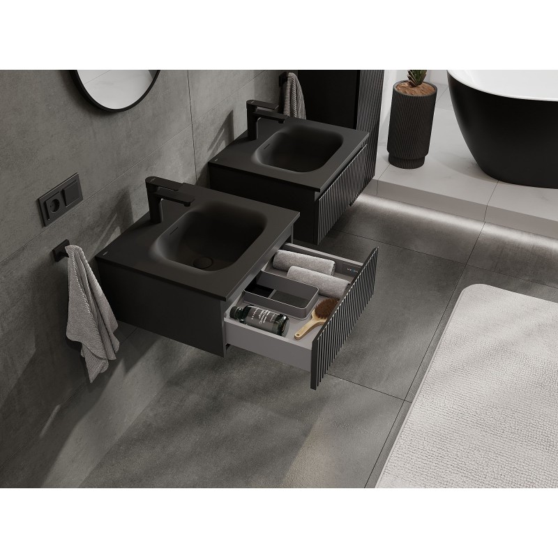 Mexen Rivel vonios spintelė 50 cm su praustuvu Vela, 1 stalčius, rifliuotas, juoda matinė - 91A20-05023-1-BF71-W23M71