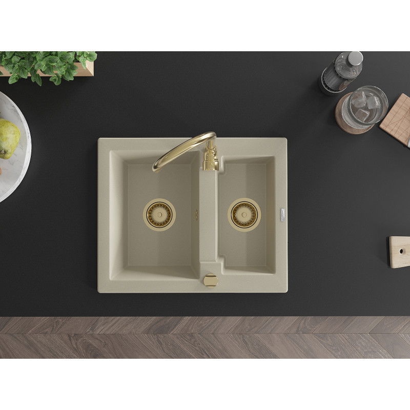 Mexen Carlos granitinis virtuvės kriauklė, 1,5 skyrelio, 582 x 475 mm, smėlio spalvos, auksinis sifonas - 6518581500-69-G