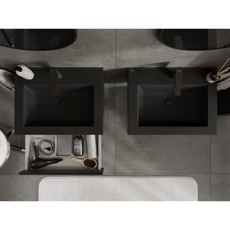 Mexen Rivel vonios spintelė 60 cm su praustuvu Otis, 1 stalčius, grioveliuotas, juodas matinis - 91A20-06023-1-BF71-W18M71